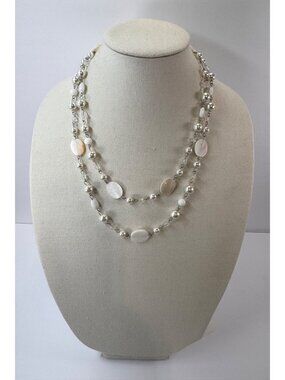 Long Mother Of Pearl Quartz Faux Pearl Necklace 48” Silver Tone No Clasp Strand